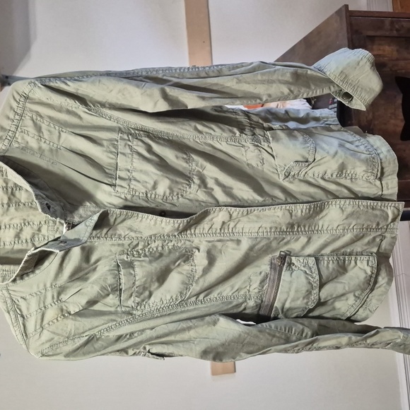 Army green Jacket,zip/button long sleeve waist sinch - Picture 1 of 17